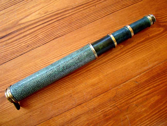 A RARE and early Peter and John Dollond shagreen and card three-draw telescope circa 1760-1780